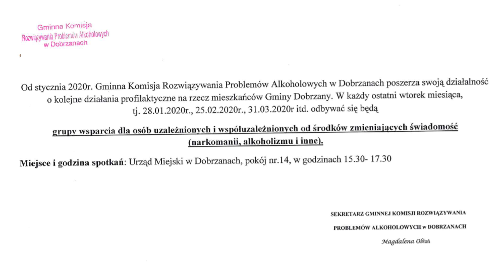 ogłoszenie o dziaąłlności Gminej komisji rozwiązywania problemów alkoholowych w Dobrzanach