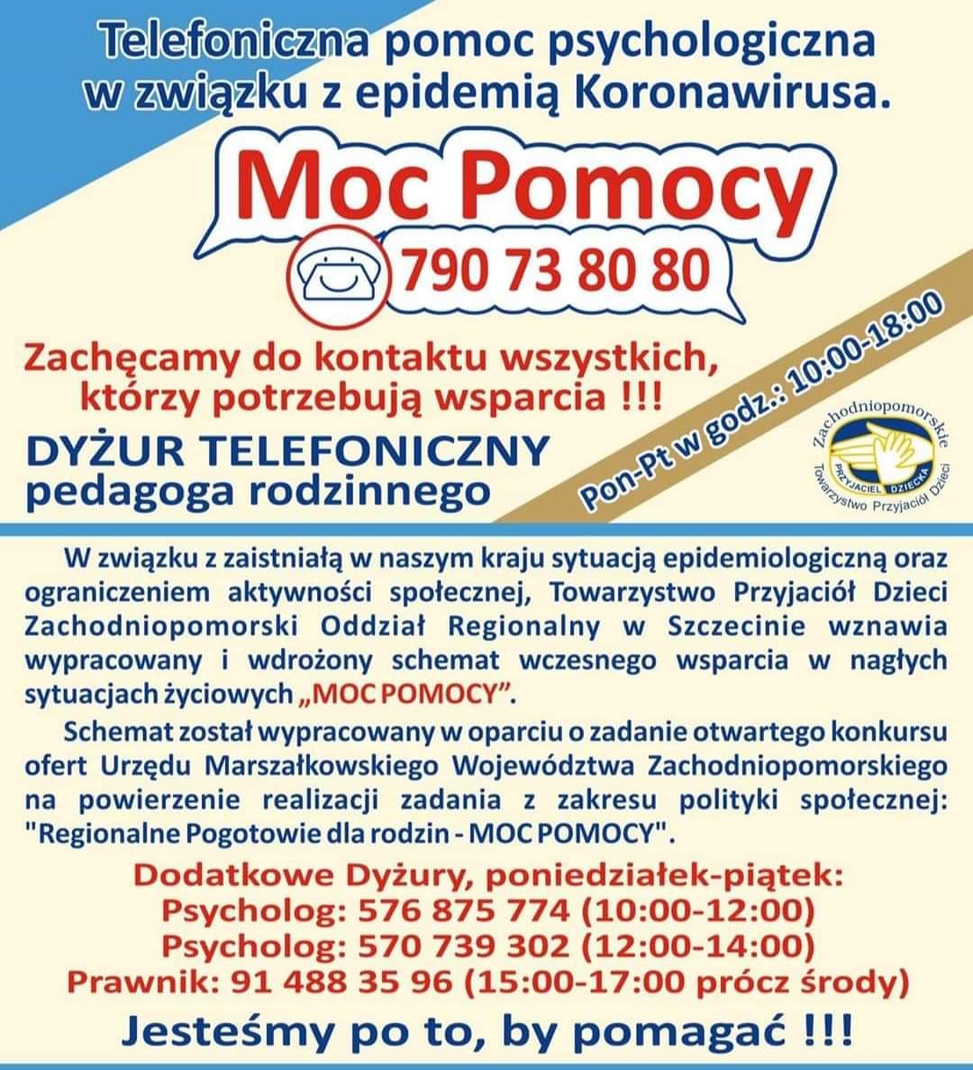 plakat z numerem telefonu o wsparcie psychologiczne w okresie kwarantanny